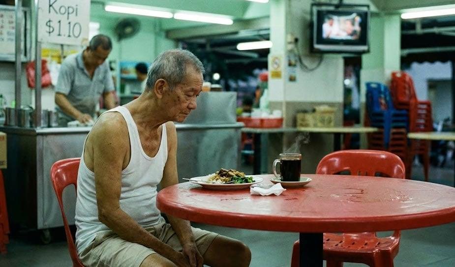 An old man in a singlet at a red table in a kopitiam, the drinks stall behind him.